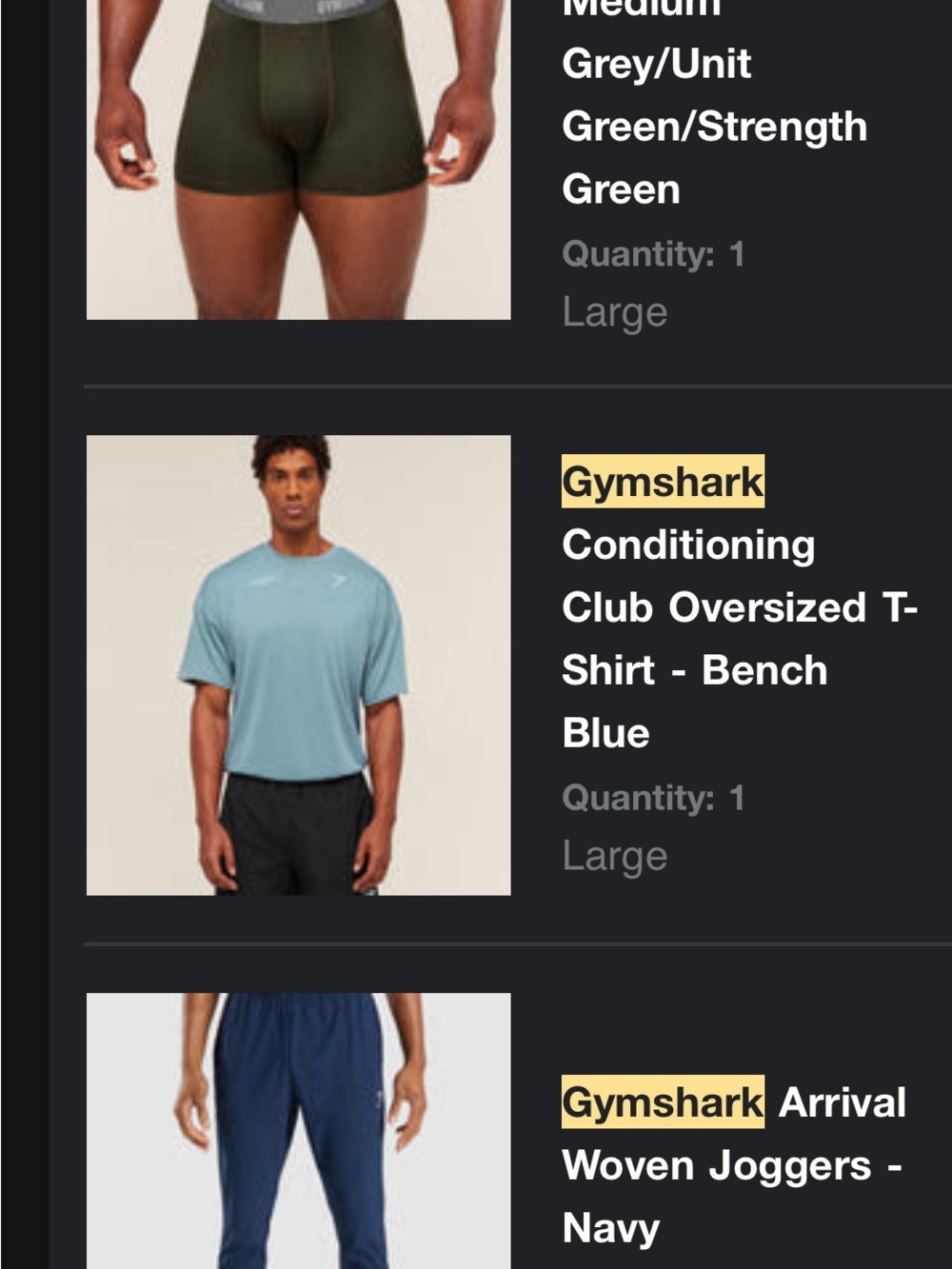 Gymshark bundle: joggers, t shirt, 3 pack underwear